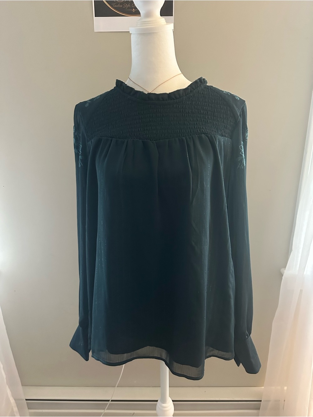 Women’s Long-Sleeve Ruffled Yoke Blouse - dark green